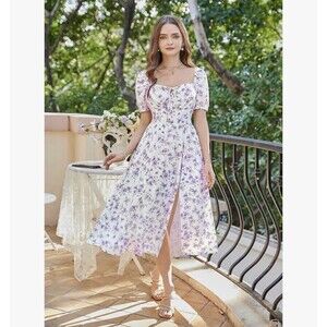 NWT Scarlet Darkness Purple Floral Split Long Dress Milkmaid Corset Dress, XL